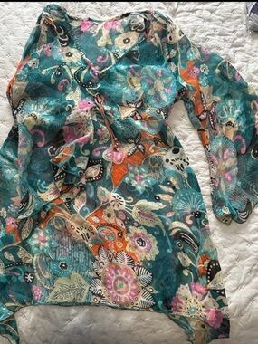 Women’s Teal Floral Sheer V-Neck Beach Coverup